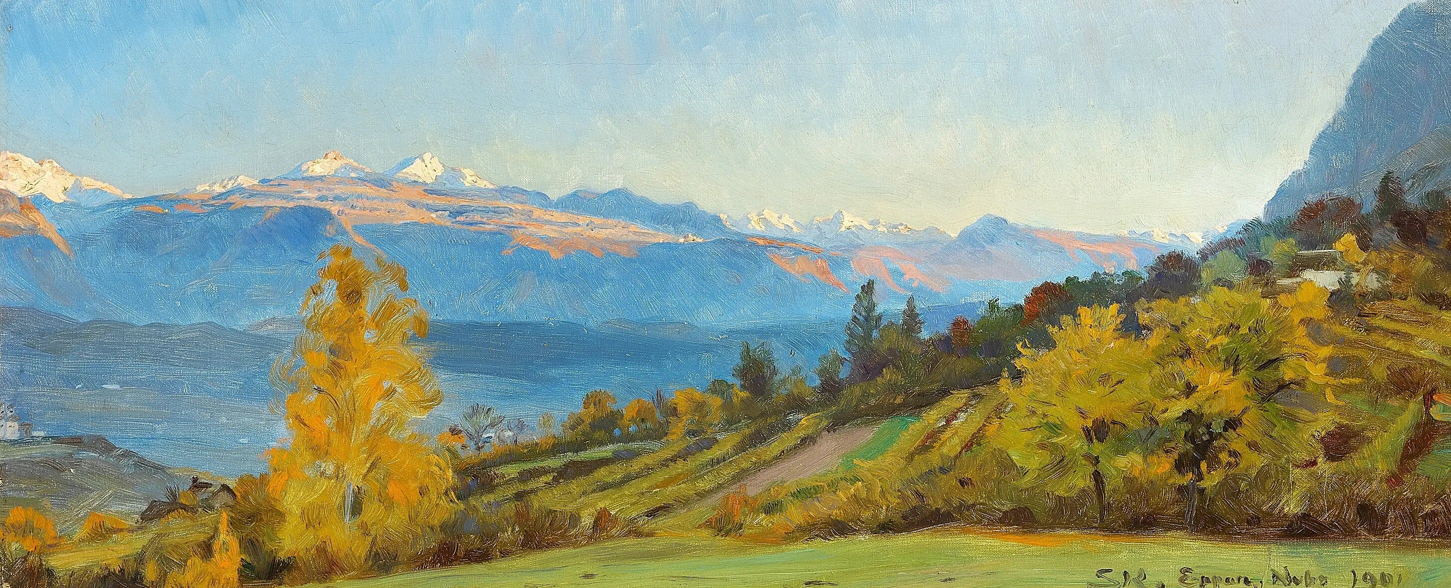 Paysage d'automne. Vue depuis le château de Saint-Valentin au Tyrol. - Peder Severin Krøyer image 1 copie de tableau peinte à la main