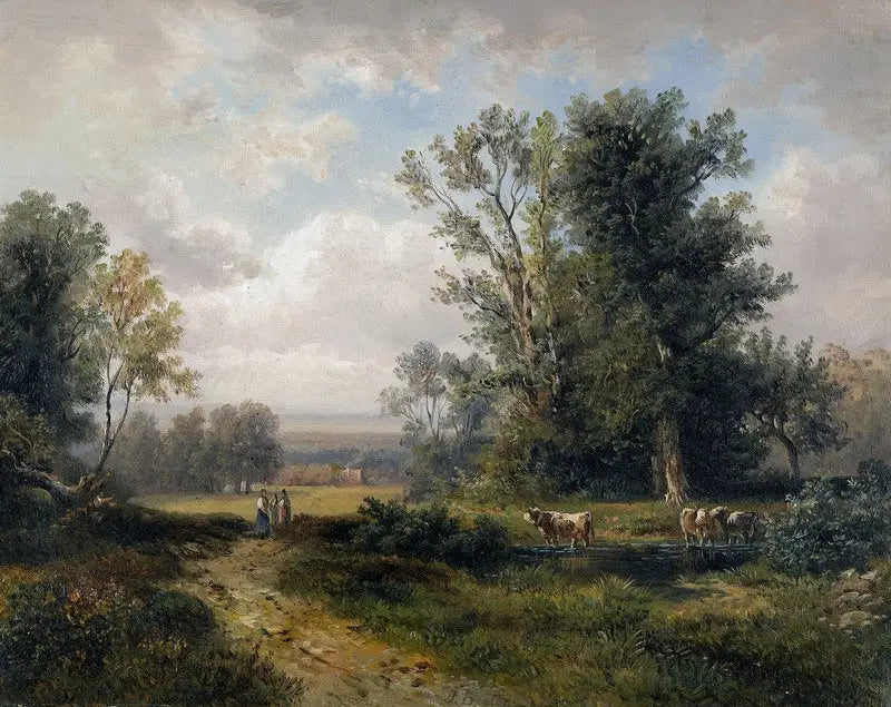Sommarlandskap med kvinnliga bönder och kor - Jules Breton