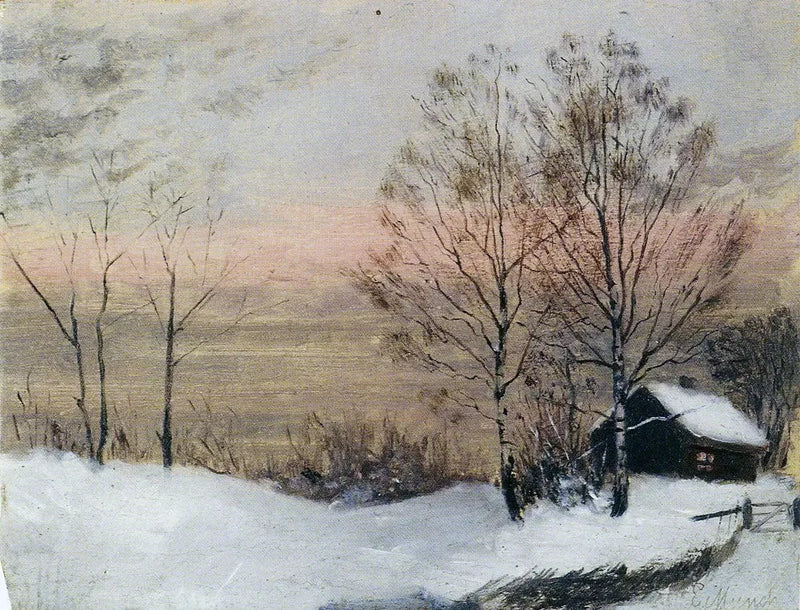 Vinterlandskap med hus och röd himmel - Edvard Munch