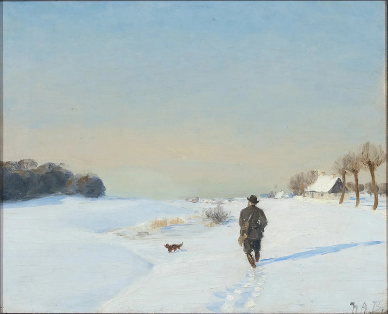 Vintrigt landskap med en jägare och hans hund en solig dag - H. A. Brendekilde