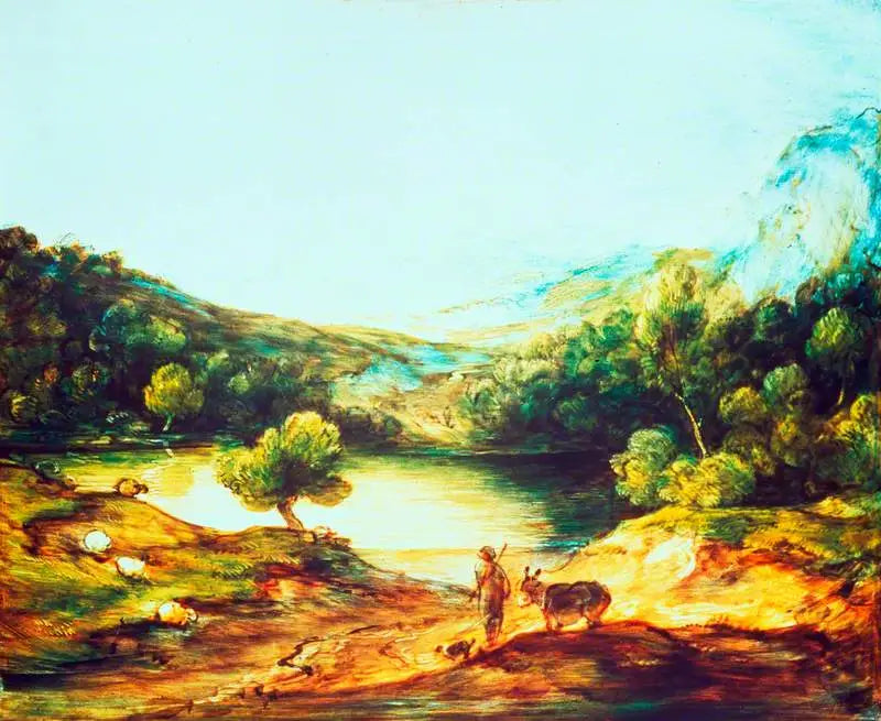 Bergslandskap med skog, en herde, en åsna och utspridda får, en sjö och en by samt kullar i fjärran - Thomas Gainsborough