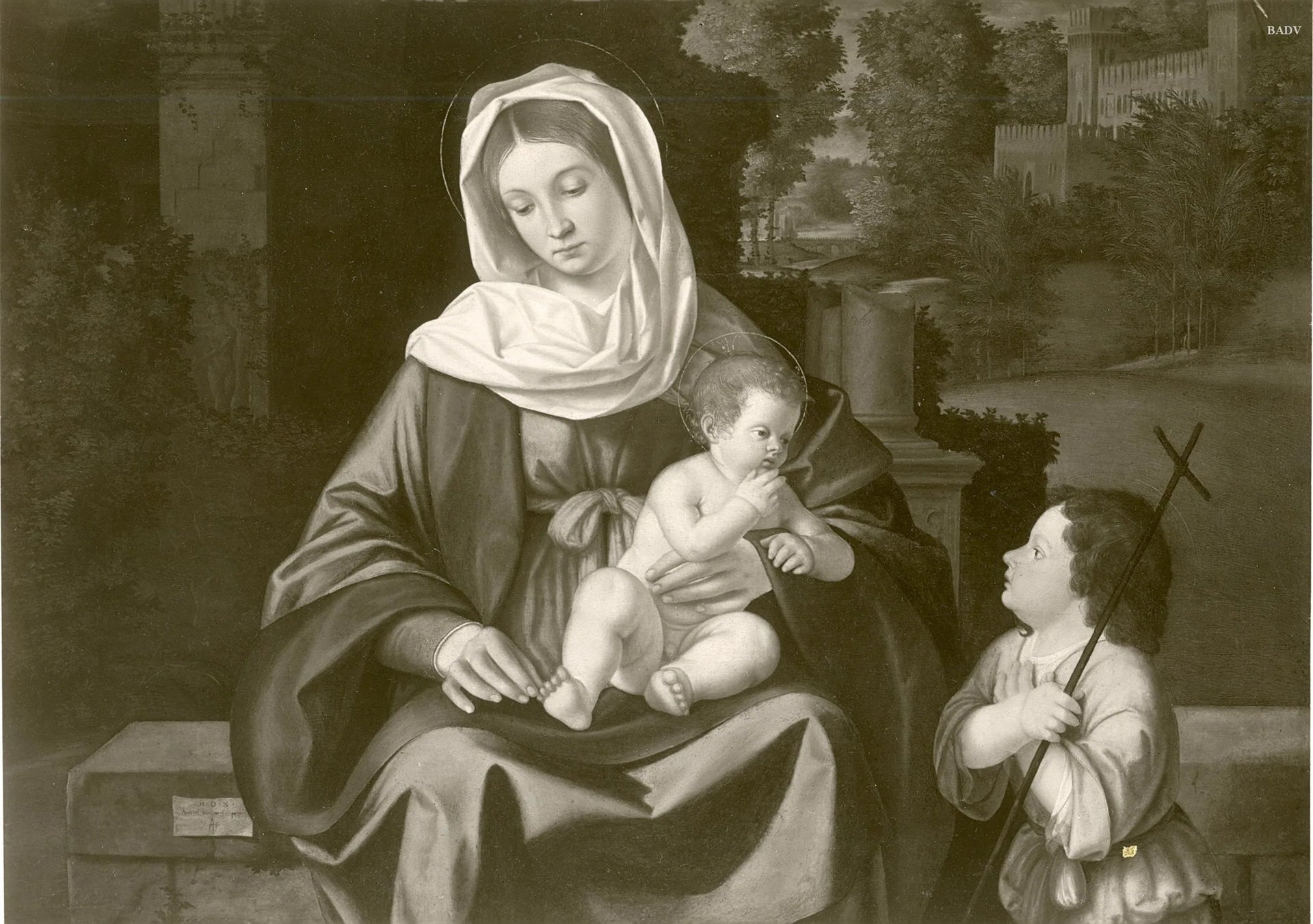 Paysage de la Vierge à l'Enfant et de saint Jean - Andrea Previtali image 1 copie de tableau peinte à la main