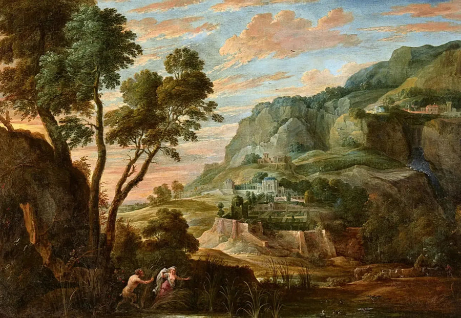 Panoramabergslandskap med Pan och Syrinx - David Teniers den yngre