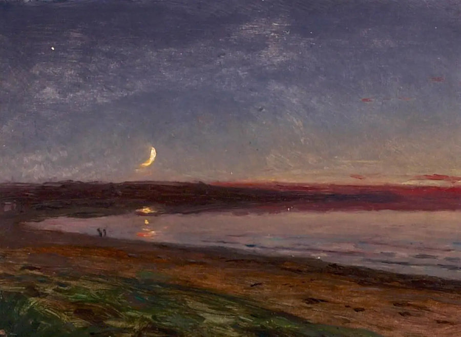 Strandlandskap på kvällen med två personer. - Peder Severin Krøyer