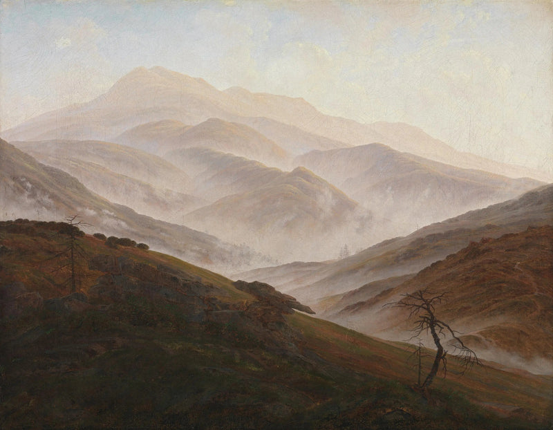 Landskap av Jättarnas Berg med stigande dimma - Caspar David Friedrich