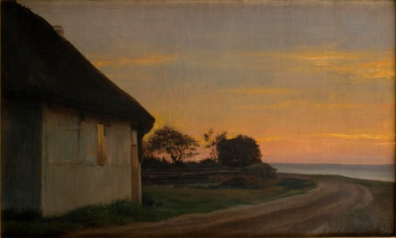Kvällslandskap med ett hus och en trädgård vid havet. Ellekilde - Carl Heinrich Bloch