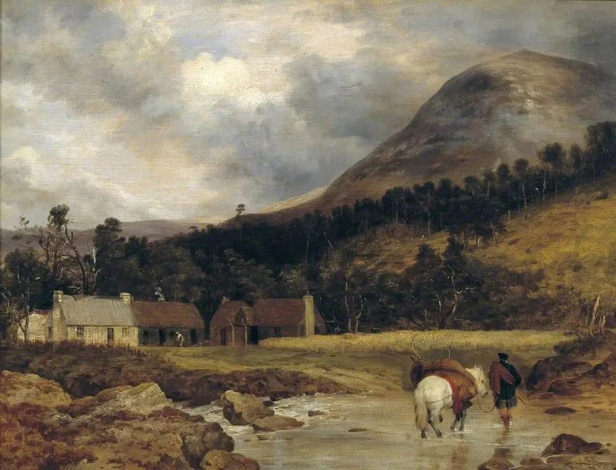 Skotsk landskap: Ankomsten av en hjort (personage och djur av Sir E. Landseer) - Edwin Henry Landseer