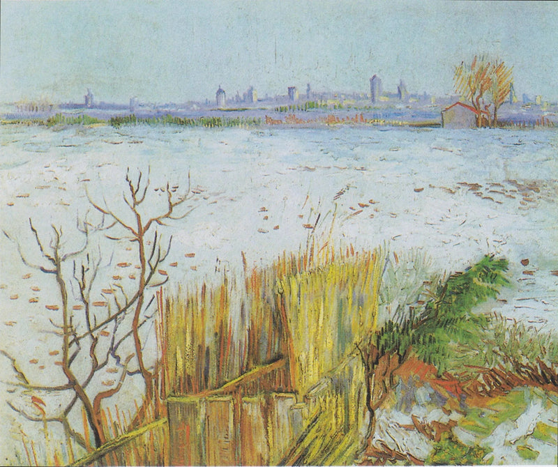 Snötäckt landskap med Arles i bakgrunden - Vincent van Gogh