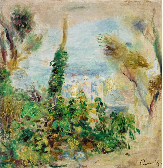 Landskap, i förgrunden klättrande blommor, i bakgrunden hus - Pierre-Auguste Renoir