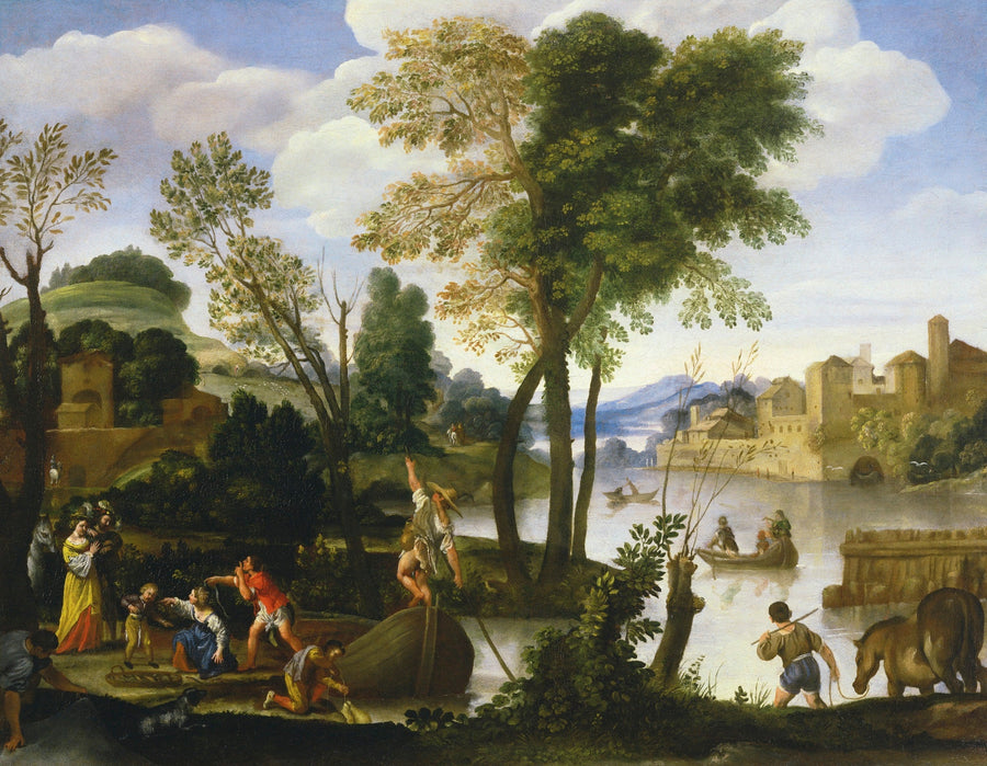 Flodlandskap med båtförare och fiskare, ett elegant par som promenerar vid flodkanten - Domenichino