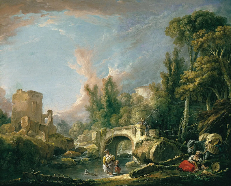 Flodlandskap med ruin och bro - François Boucher