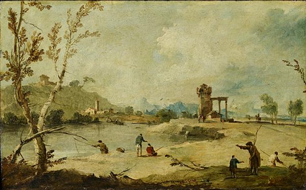 Flodlandskap med ett förfallet torn och en avlägsen by - Francesco Guardi