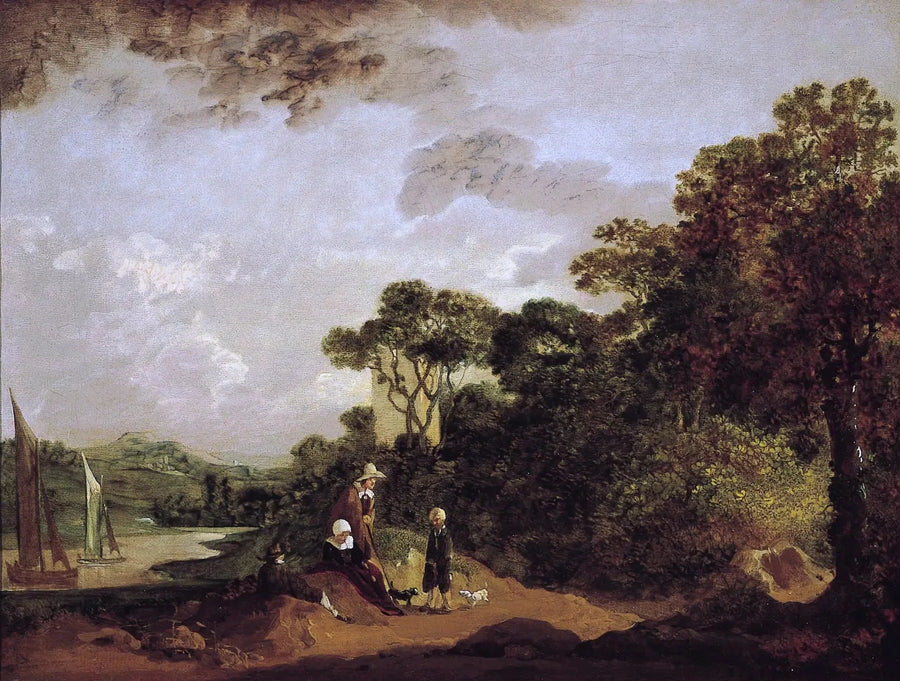 Flodlandskap med skog, bönder vila och kyrktorn - Thomas Gainsborough
