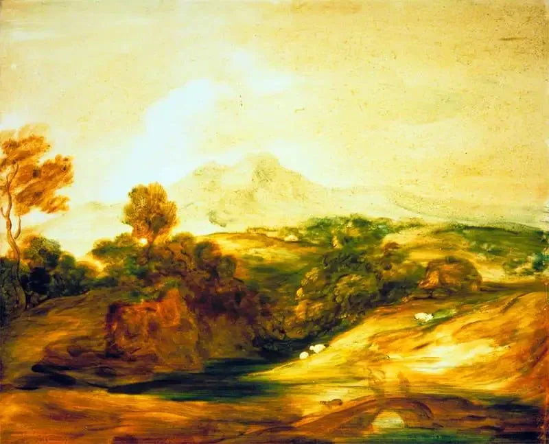 Flodlandskap med träd, personer på en bro, en stuga, får och fjärran berg - Thomas Gainsborough