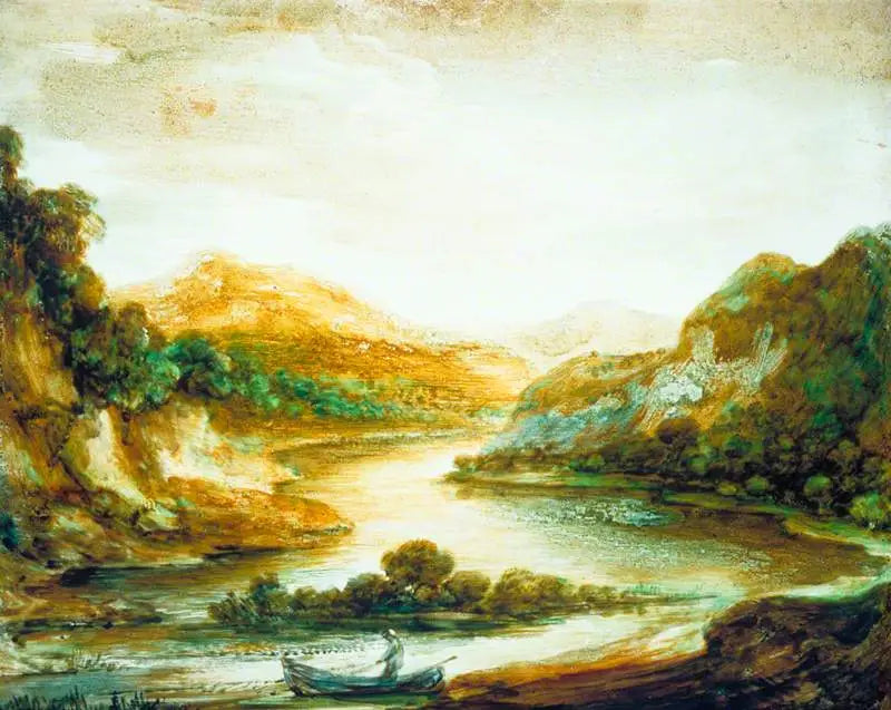 Flodlandskap med träd, en fiskare i en båt, höga stränder och fjärran berg - Thomas Gainsborough