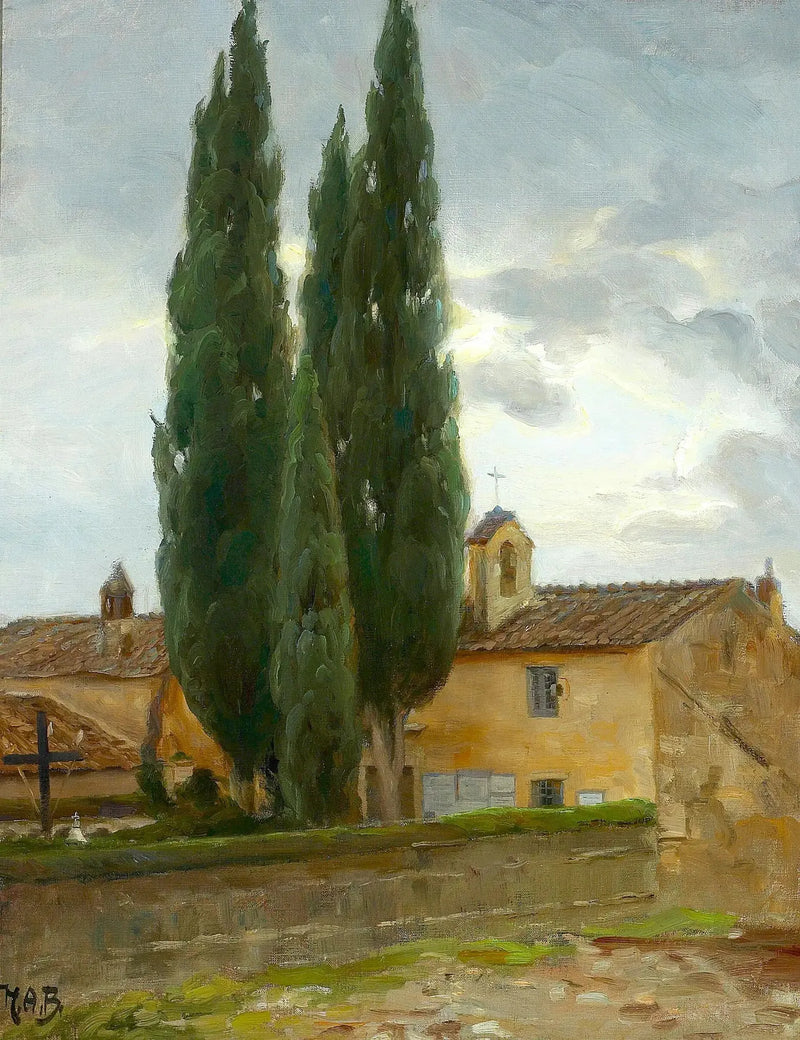 Italiensk landskap med ett kloster och tallar. - H. A. Brendekilde