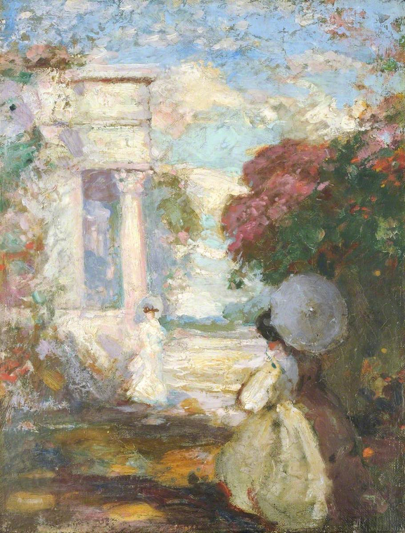 Lyriciskt landskap med två personer i 1800-talskostymer - Charles Conder