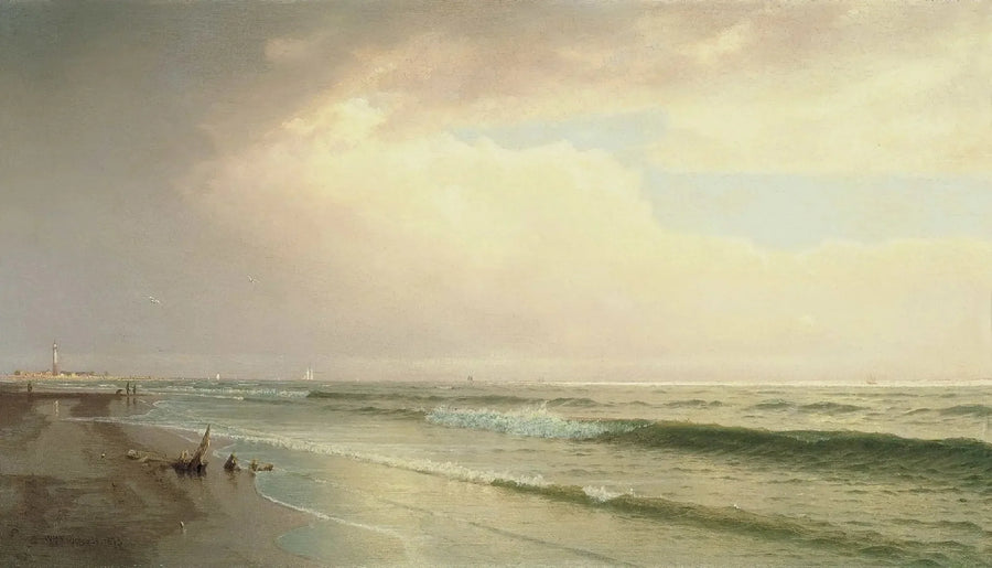 Marint landskap med fyr i fjärran, Atlantic City, New Jersey - William Trost Richards