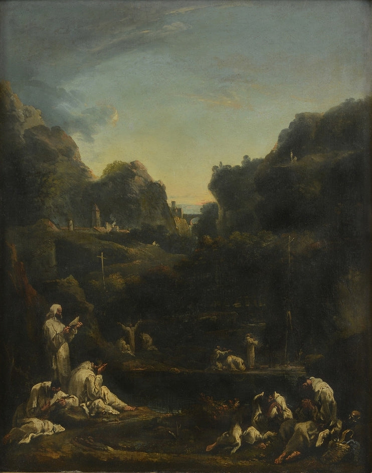 Berglandskap med grupper av munkar - Sebastiano Ricci