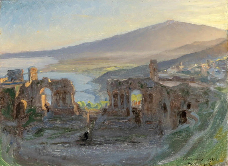 Nattlandskap nära det antika teatern i Taormina med utsikt över Etna och bukten. - Peder Severin Krøyer