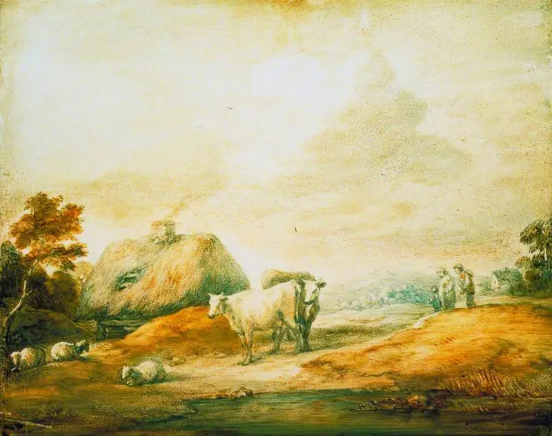 Öppet landskap med bönder, kor, får, stugor och pool - Thomas Gainsborough