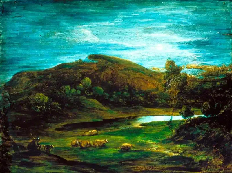 Öppet landskap med en herde, får, en pool och fjärran kullar - Thomas Gainsborough