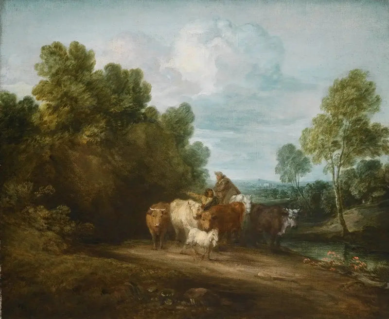Klippig skoglig landskap med bonde på häst, vallhund och boskap, samt byggnad i fjärran - Thomas Gainsborough
