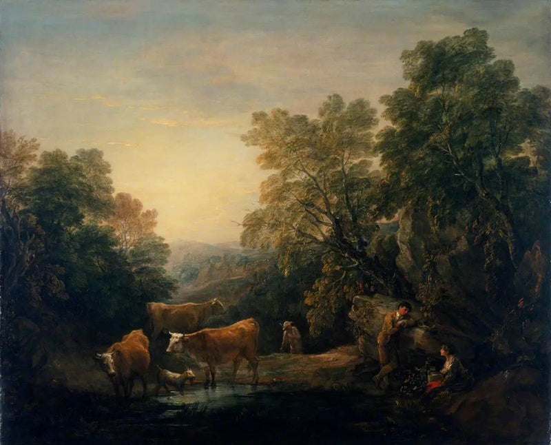 Klippig och skogig landskap med rustika älskande, en herde och kor - Thomas Gainsborough