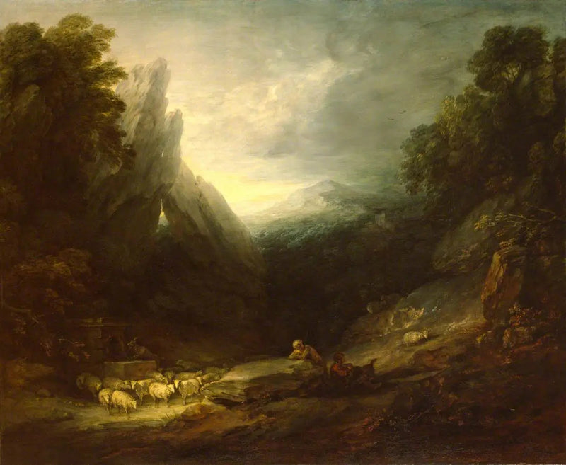 Romantiskt landskap med får vid en källa - Thomas Gainsborough