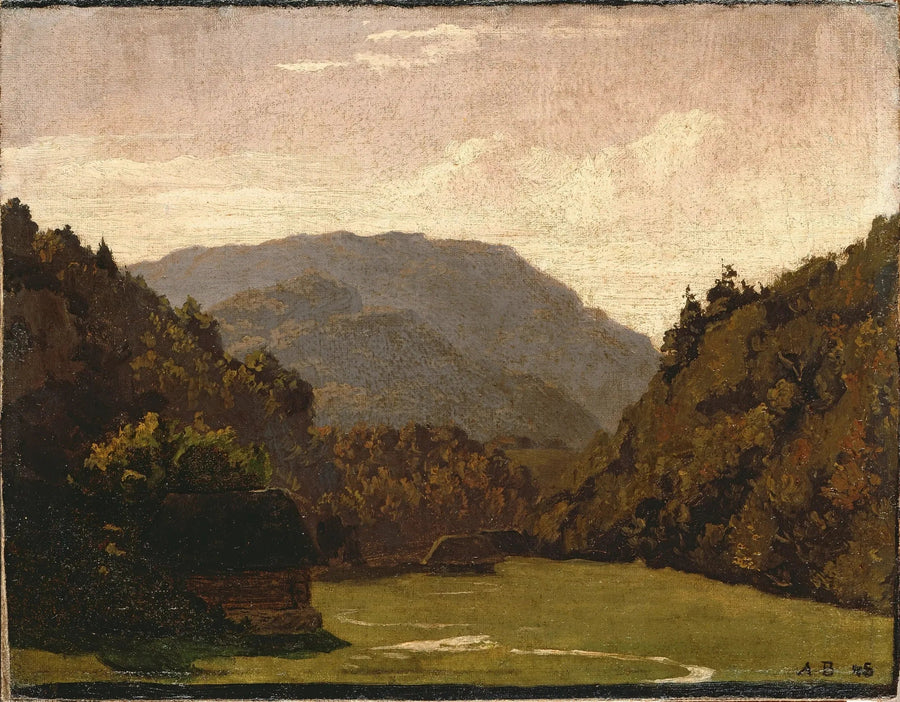 Landskap med kullar, timmerstugor och en bäck i slätten - Arnold Böcklin