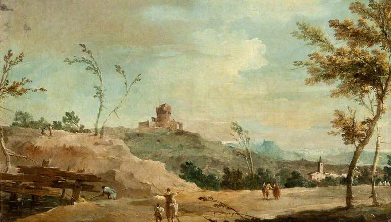 Landskap med kullar och ett ruinr Tower - Francesco Guardi
