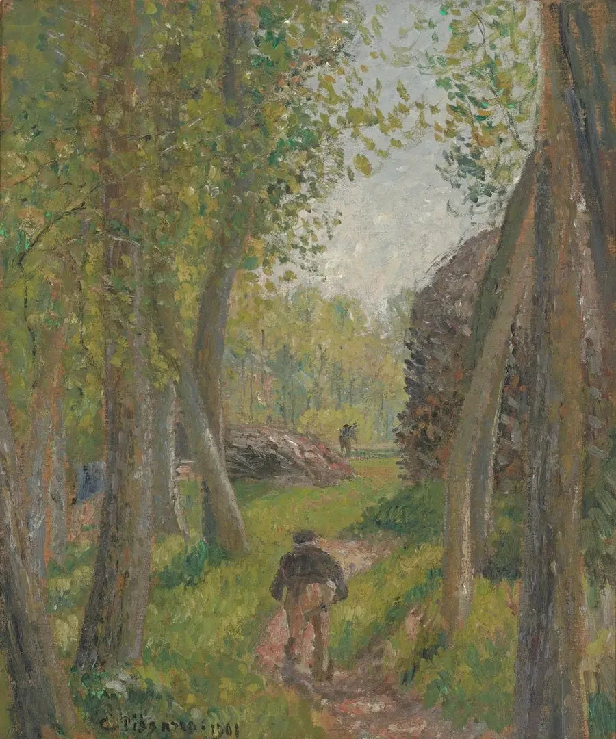 Bonde sedd bakifrån i en skogsdunge, Moret - Camille Pissarro