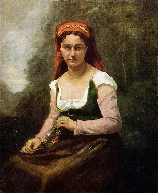Sittande bondkvinna i grönskan, håller en blomsterkrans - Jean-Baptiste Camille Corot