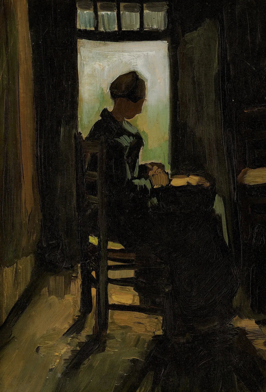 Bondkvinna sittande framför en öppen dörr, skalande potatis - Vincent van Gogh