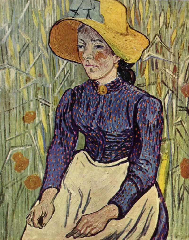 Bonde med halmhatt sittande framför ett vetefält - Vincent van Gogh