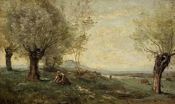 Bonde som klipper gräs vid en pilskog - Jean-Baptiste Camille Corot