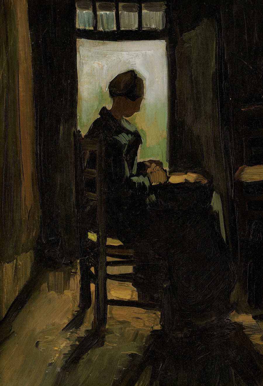 Bondkvinna sittande framför en öppen dörr, skalande potatis - Vincent van Gogh
