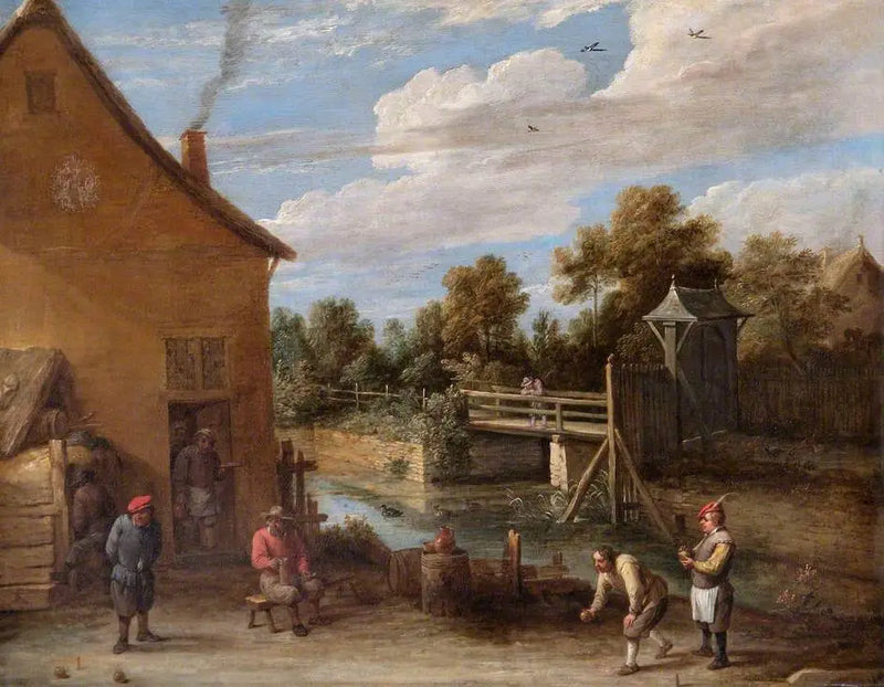 Bönder som spelar boule framför ett värdshus vid en flod - David Teniers den yngre