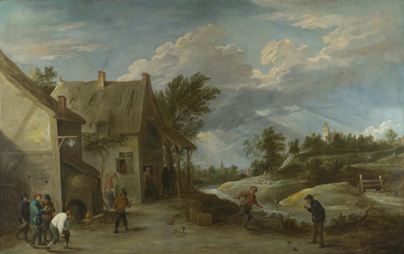 Bönder som spelar boule framför en bykrog - David Teniers den yngre