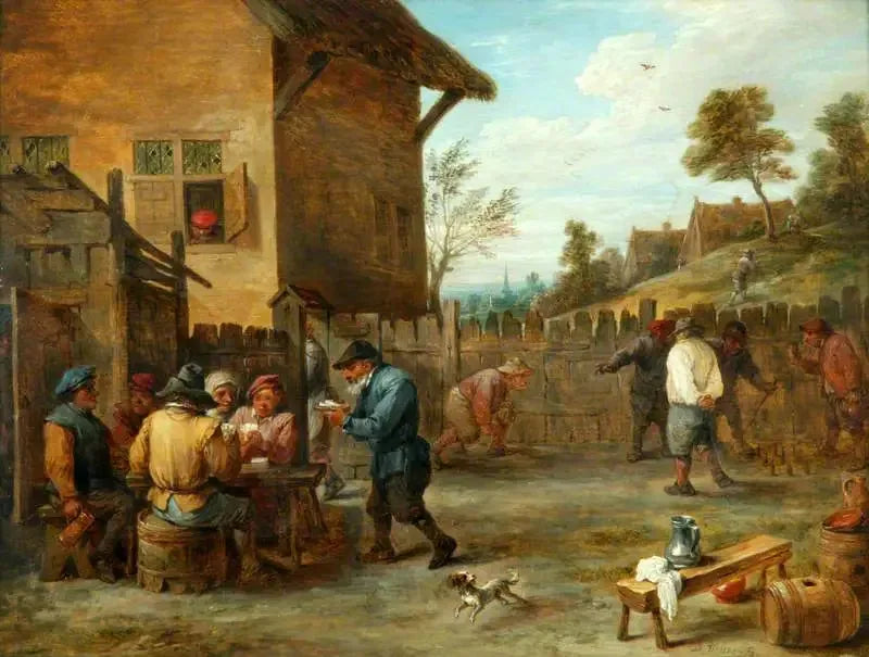 Bönder som spelar kort och krocket på en gård - David Teniers den yngre