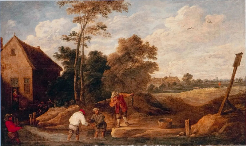 Bönder som fiskar i en bäck, nära en stuga - David Teniers den yngre