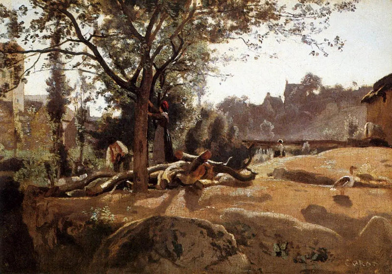 Bönder under träden vid gryningen - Jean-Baptiste Camille Corot
