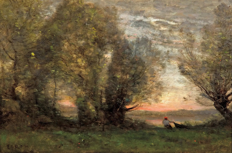 Fiskare som drar sin båt vid en gammal pil, kvällseffekt - Jean-Baptiste Camille Corot