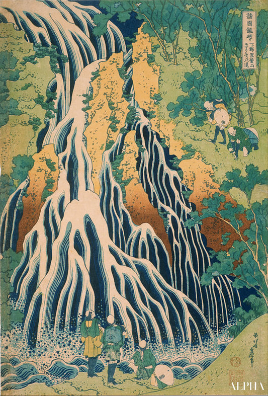 Pèlerins à la cascade Kirifuri sur le Mont Kurokami dans la région de Shimotsuke - Katsushika Hokusai - Reproductions de tableaux et peintures haut de gamme