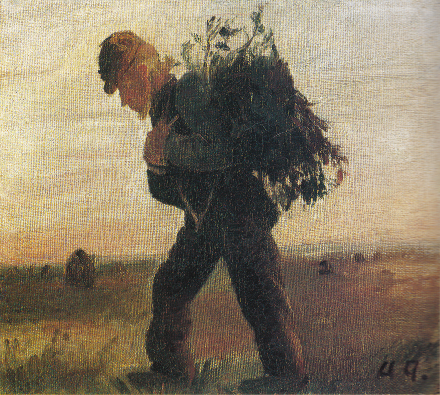 Per Bollerhus, hans käpp av kvistar i handen, korsar heden - Anna Ancher