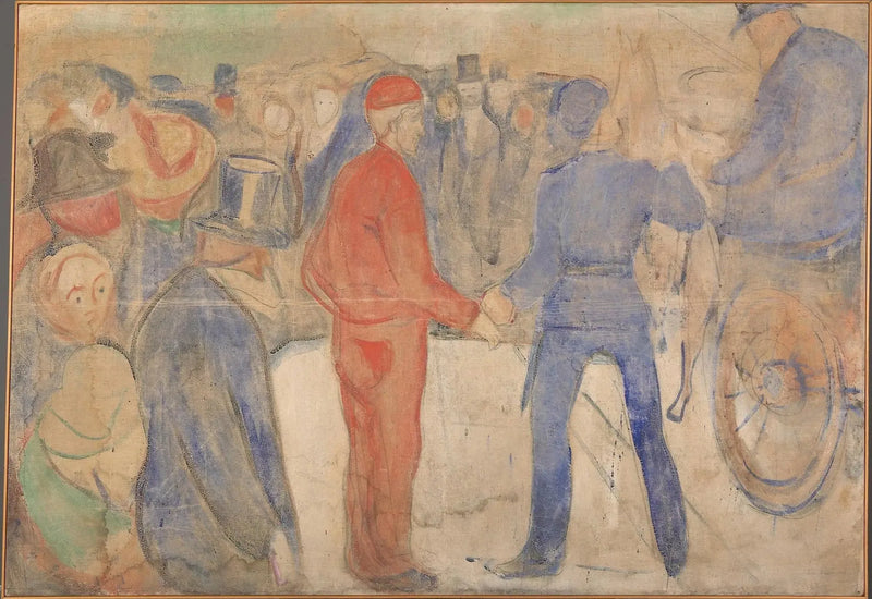 Människor som samlas runt en man i röd - Edvard Munch