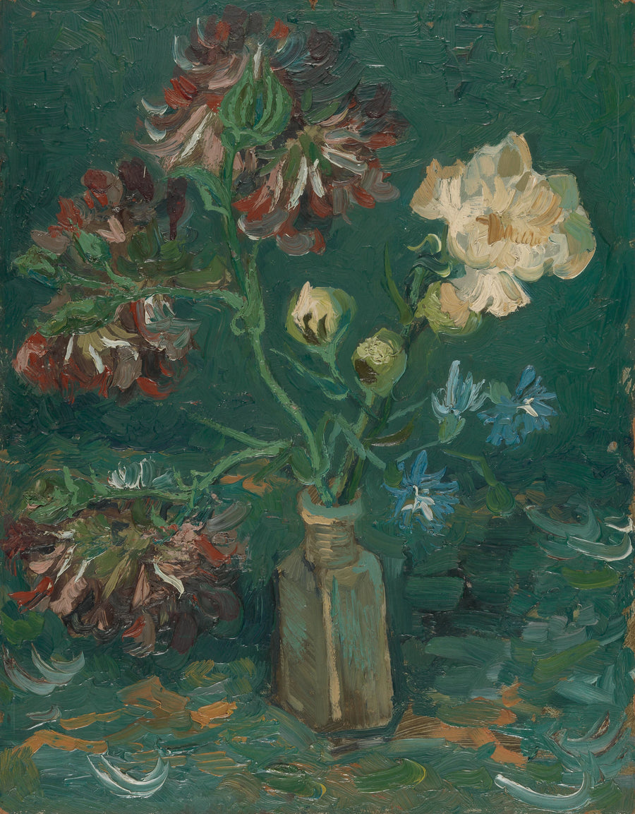 Liten flaska med pioner och blå riddarsporrar - Vincent van Gogh