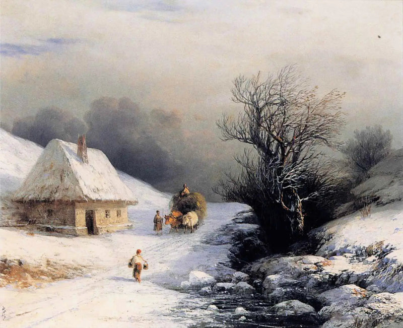 Liten rysk oxvagn på vintern - Ivan Aivazovskij