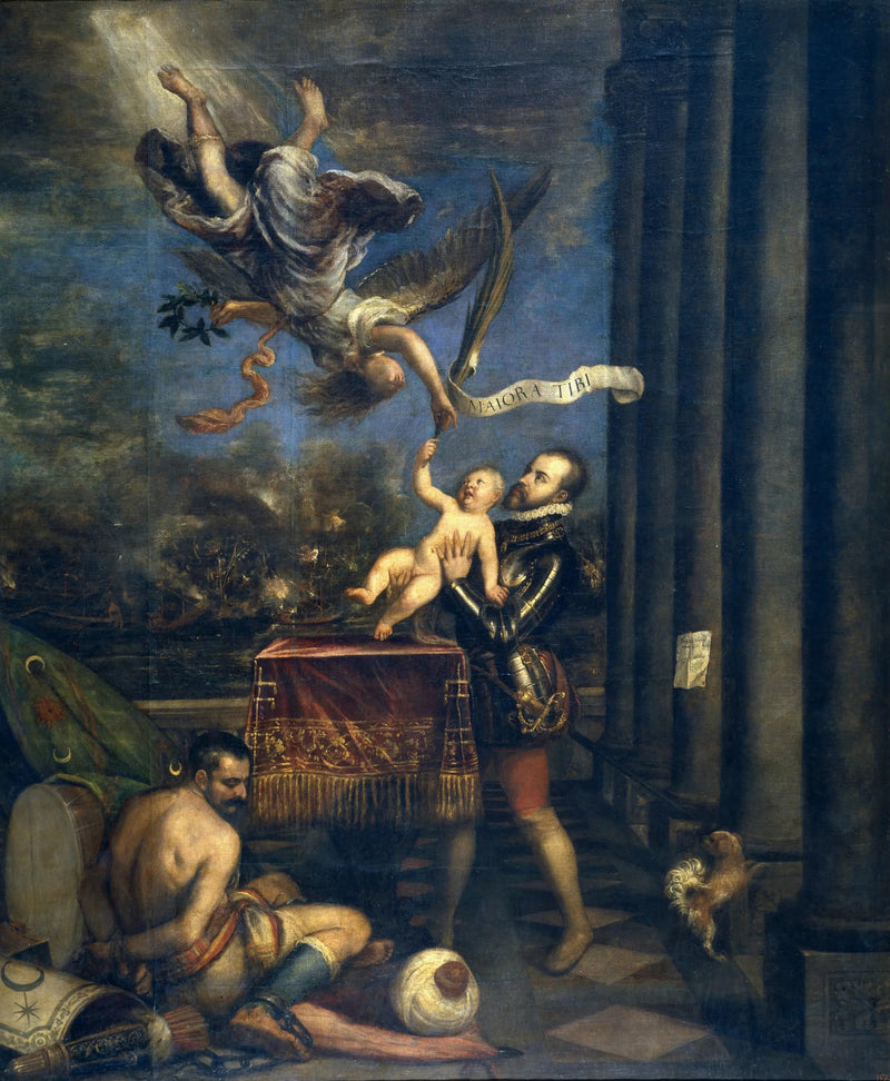 Philippe II som ger sin son, spädbarnet Don Ferdinand, till himlen - Tiziano
