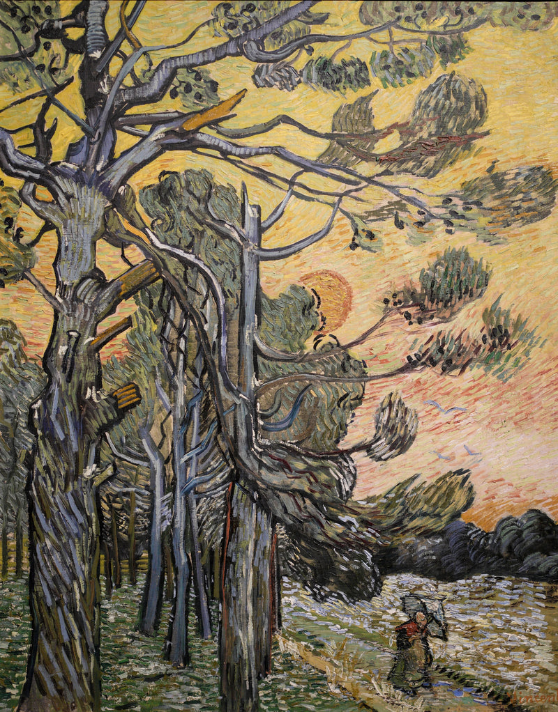 Nålar mot en röd himmel med solnedgång - Vincent van Gogh